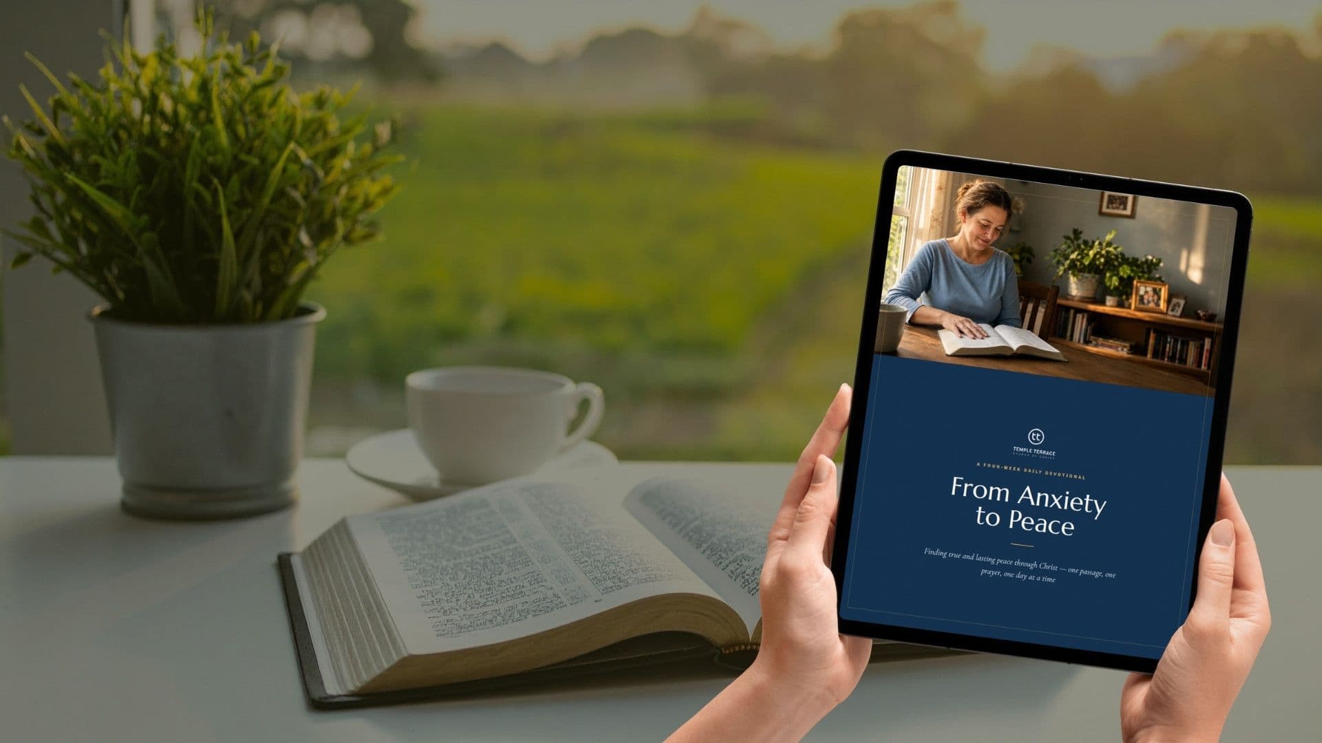 A tablet showing the From Anxiety to Peace devotional beside an open Bible and a cup of coffee at Temple Terrace Church of Christ in Temple Terrace, FL